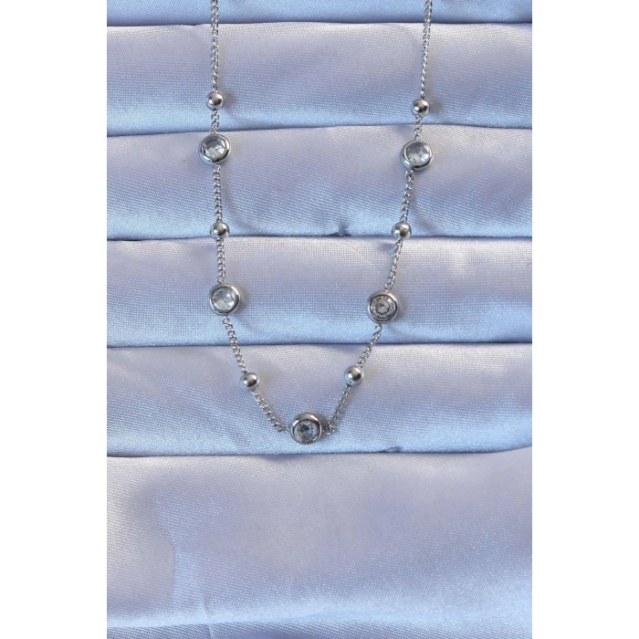 316L Çelik Gümüş Renk Zirkon Taşlı Top Zincirli Kolye