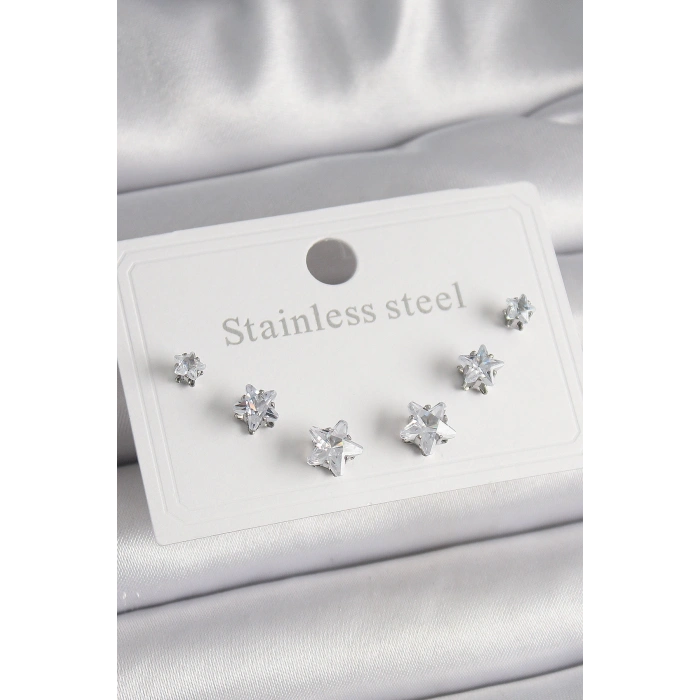 316L Çelik Gümüş Renk Zirkon Taşlı Yıldız Model Kadın Küpe Seti