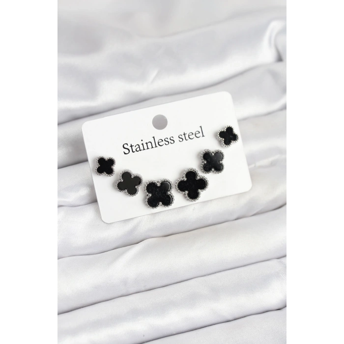 316L Çelik Gümüş Siyah Renk 3 Boy Yonca Küpe Seti