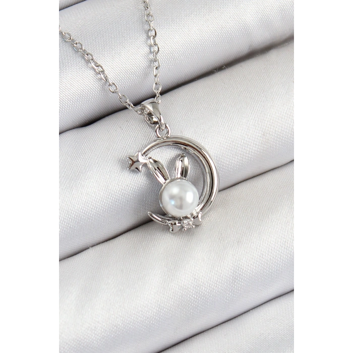 316L Çelik İnci Detaylı Hilal Tavşan Model Gümüş Renk Kadın Kolye