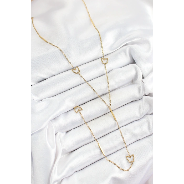 316L Çelik Kelebek Figürlü Y Model Gold Renk Kadın Kolye