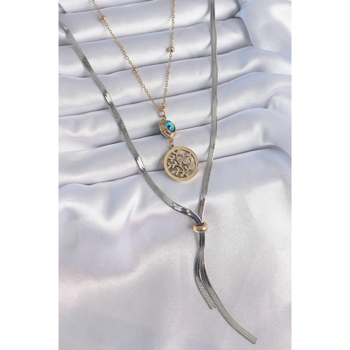 316L Çelik Mix Renk Filiz Figür Nazar Boncuk Detay Uzun Kadın Kolye