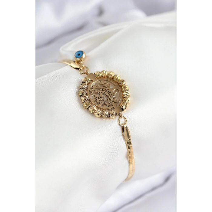 316L Çelik Nazar Boncuk Detaylı Hayat Ağacı Model İtalyan Zincir Gold Renk Kadın Bileklik