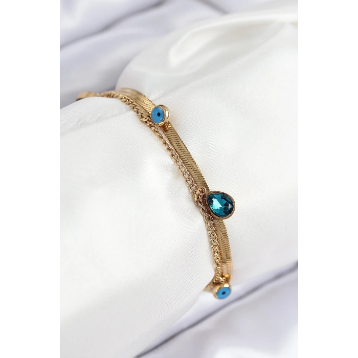 316L Çelik Nazar Boncuk Detaylı Mavi Zirkon Taşlı Model İtalyan Zincir Gold Renk Kadın Bileklik