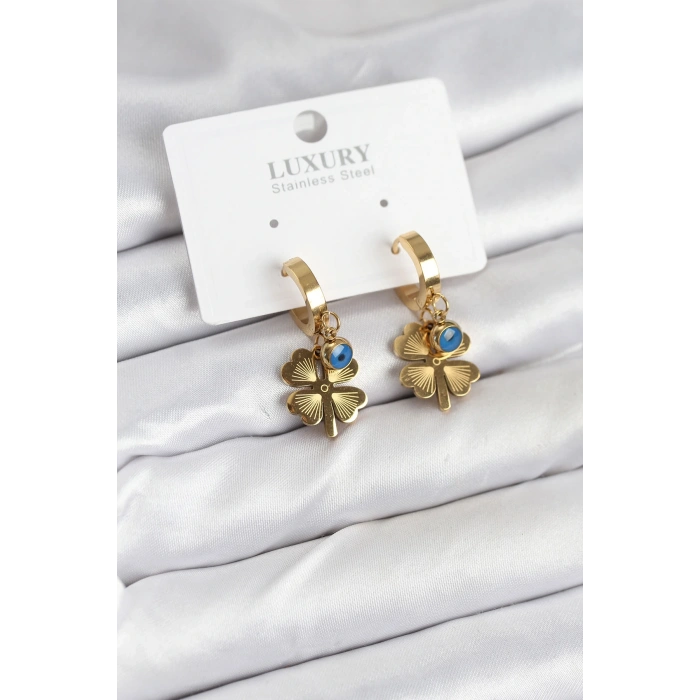 316L Çelik Nazarlı Yonca Model Kadın Küpe