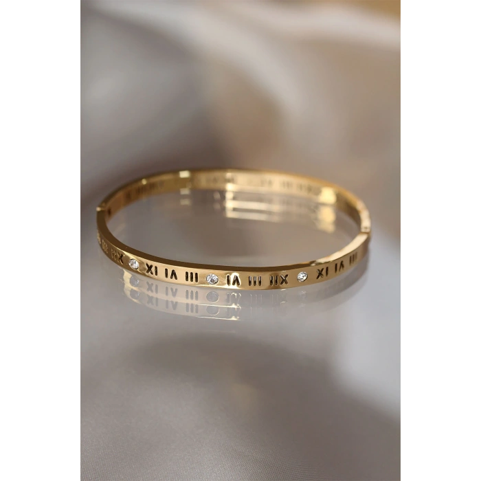 316L Çelik Roma Rakamlı Gold Renk Bilezik Kelepçe