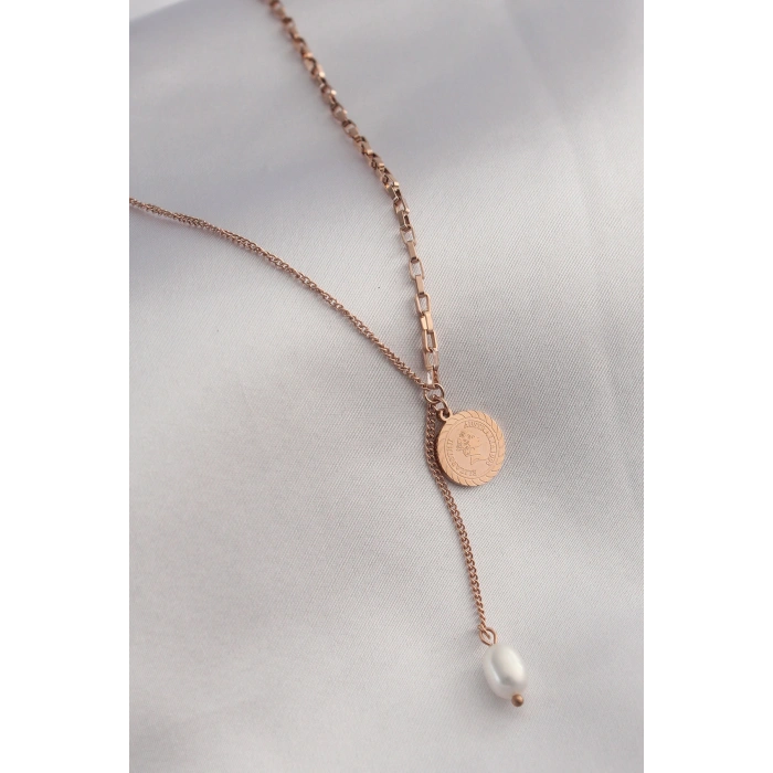 316L Çelik Rose Renk İşlemeli Sallantılı Kadın Kolye