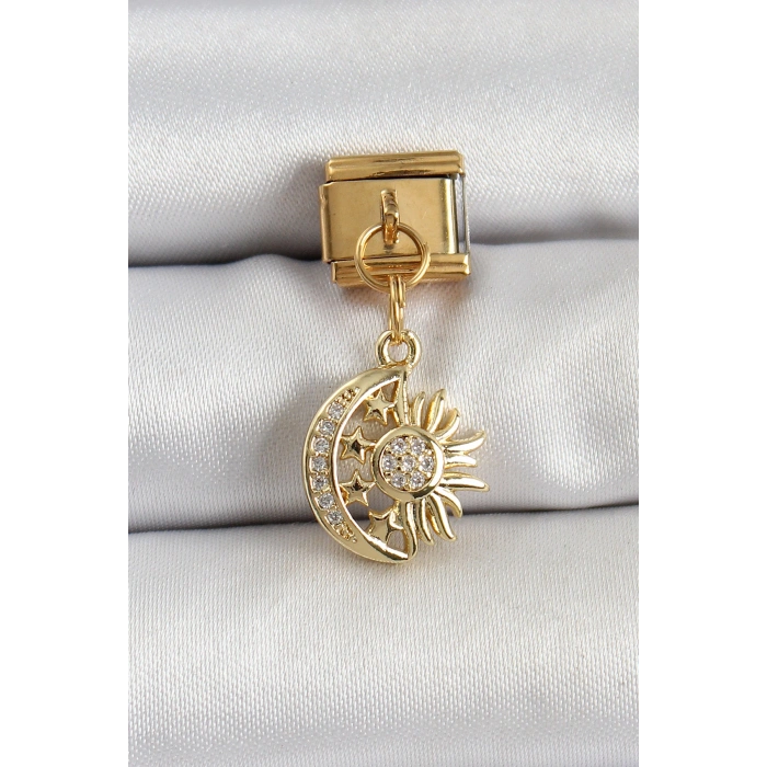 316L Çelik Sallantılı Zirkon Taşlı Ay Ve Güneş Model Gold Renk Nomination Charm