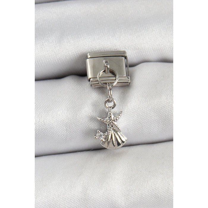 316L Çelik Sallantılı Zirkon Taşlı Deniz Yıldızı Ve İstiridye Model Gümüş Renk Nomination Charm