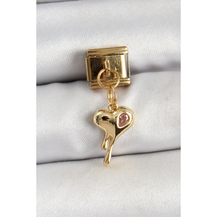 316L Çelik Sallantılı Zirkon Taşlı Eriyen Kalp Model Gold Renk Nomination Charm