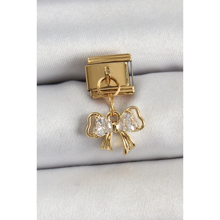 316L Çelik Sallantılı Zirkon Taşlı Fiyonk Model Gold Renk Nomination Charm