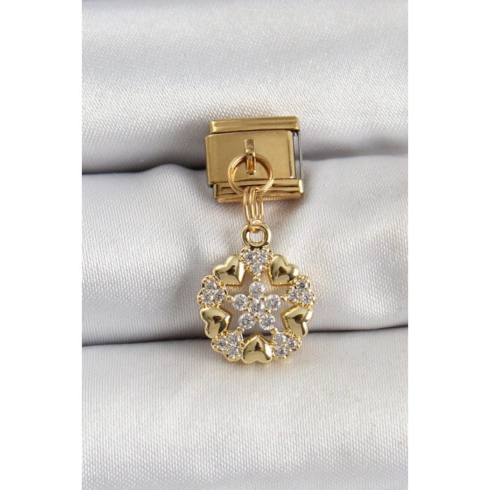 316L Çelik Sallantılı Zirkon Taşlı Kalp Detaylı Yıldz Model Gold Renk Nomination Charm