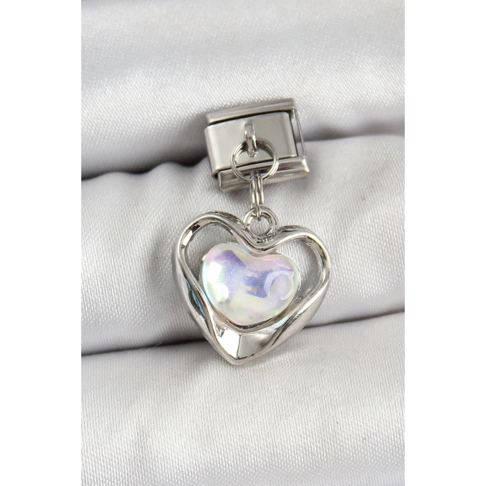 316L Çelik Sallantılı Zirkon Taşlı Kalp Model Gümüş Renk Nomination Charm