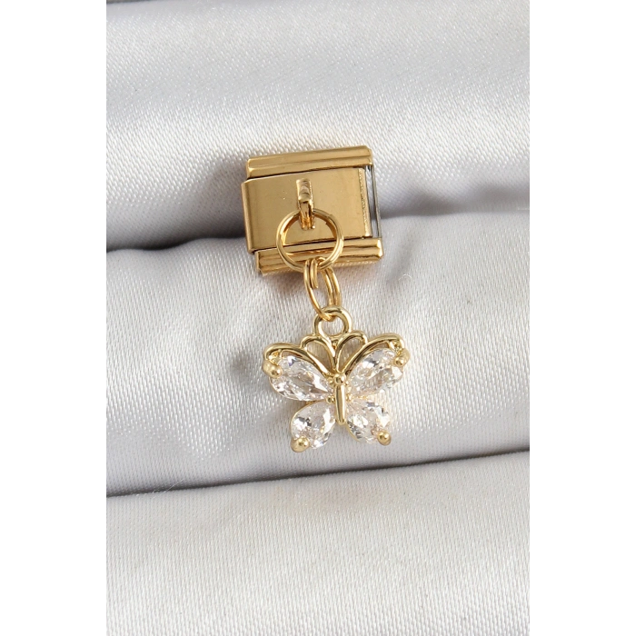 316L Çelik Sallantılı Zirkon Taşlı Kelebek Model Gold Renk Nomination Charm