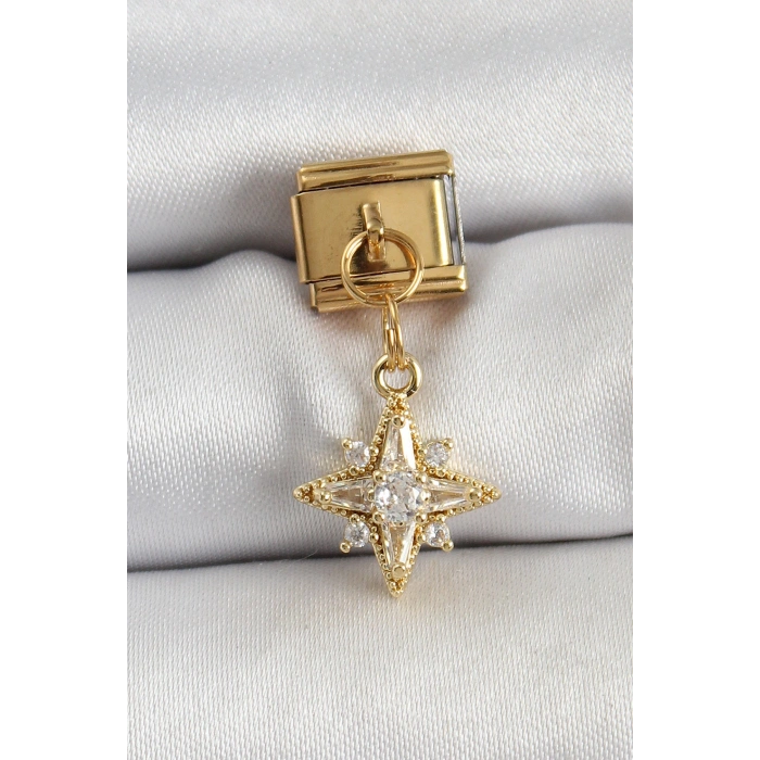 316L Çelik Sallantılı Zirkon Taşlı Kutup Yıldızı Model Gold Renk Nomination Charm