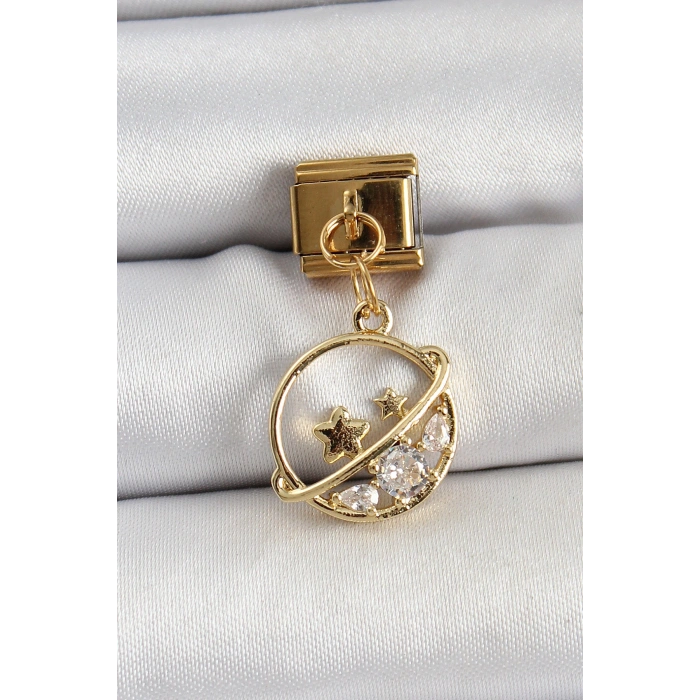 316L Çelik Sallantılı Zirkon Taşlı Satürn Model Gold Renk Nomination Charm