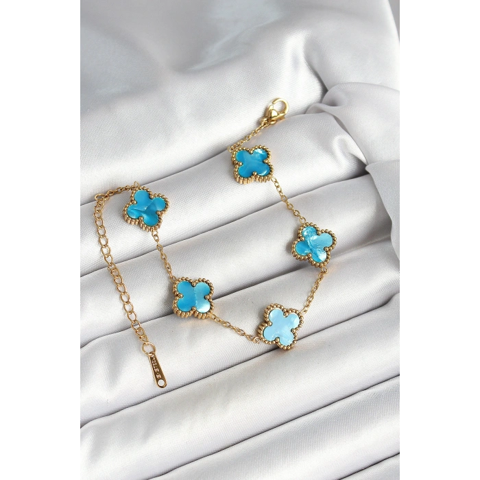 316L Çelik Sedefli Gökyüzü Mavisi Gold Renk Yonca Kadın Bileklik