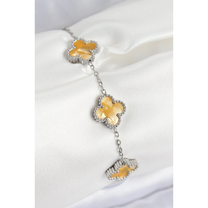 316L Çelik Sedefli Kehribar Sarı Gümüş Renk Yonca Kadın Bileklik