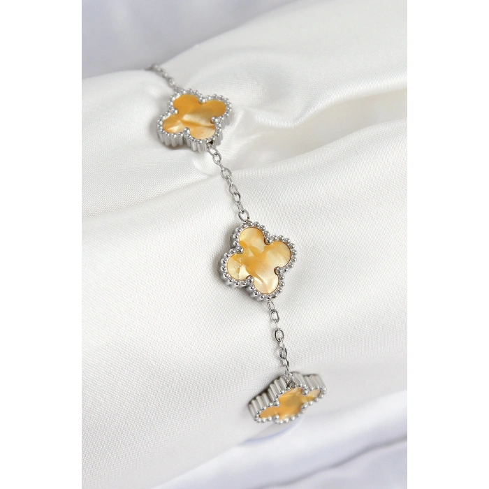 316L Çelik Sedefli Kehribar Sarı Gümüş Renk Yonca Kadın Bileklik