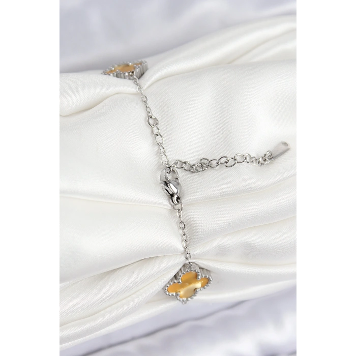 316L Çelik Sedefli Kehribar Sarı Gümüş Renk Yonca Kadın Bileklik