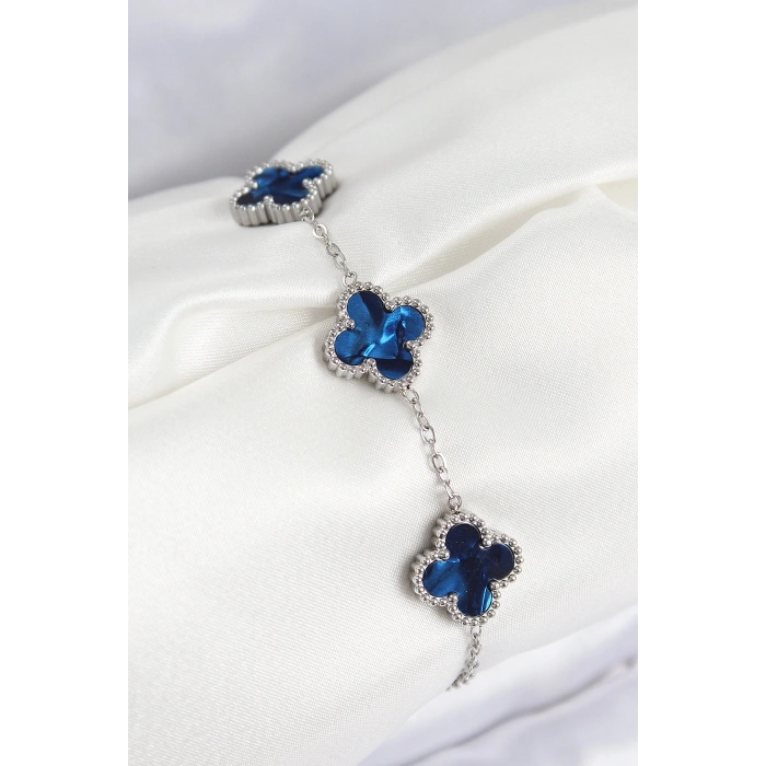 316L Çelik Sedefli Lacivert Gümüş Renk Yonca Kadın Bileklik