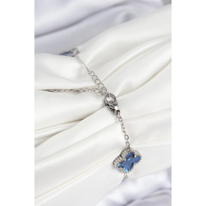 316L Çelik Sedefli Lacivert Gümüş Renk Yonca Kadın Bileklik