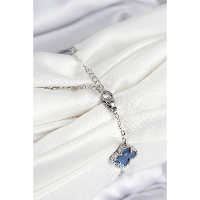 316L Çelik Sedefli Lacivert Gümüş Renk Yonca Kadın Bileklik