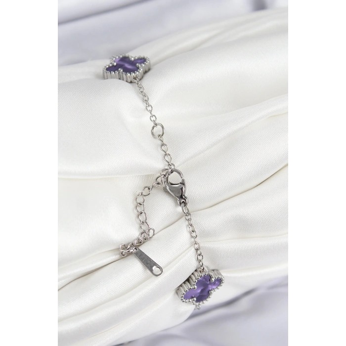 316L Çelik Sedefli Mor Gümüş Renk Yonca Kadın Bileklik