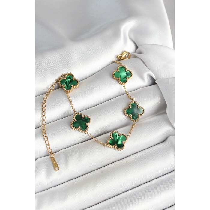 316L Çelik Sedefli Zümrüt Yeşil Gold Renk Yonca Kadın Bileklik