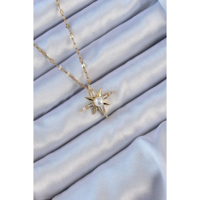 316L Çelik Zincir Altın Renk Baget Taşlı İnci Detay Kutup Yıldızı Kolye