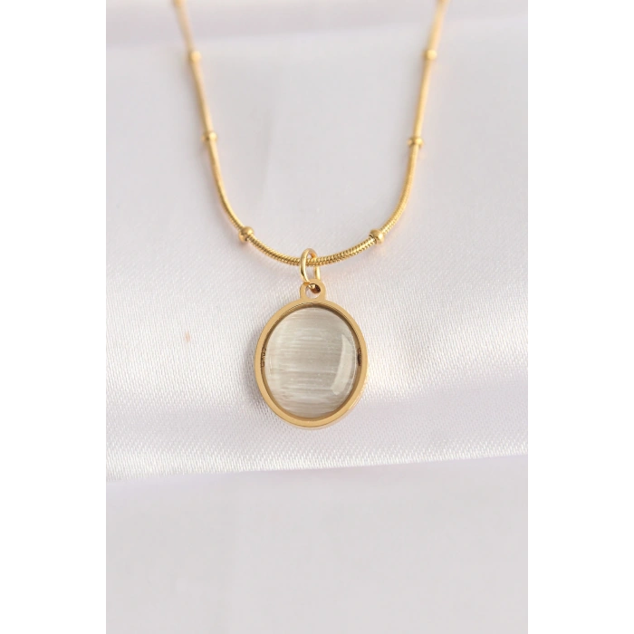 316L Çelik Zincir Altın Renk Gri Sedefli Oval Figürlü Kolye