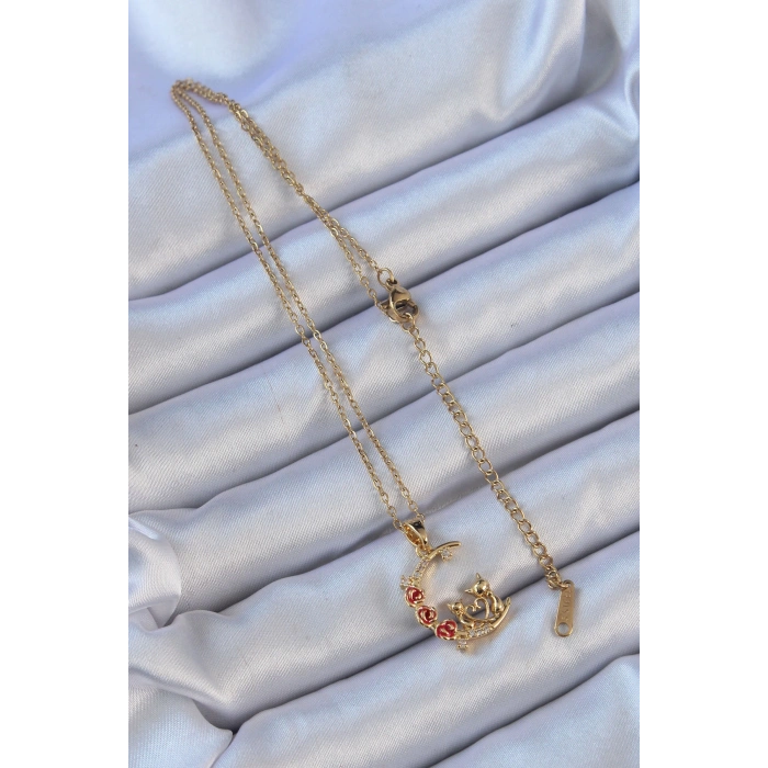 316L Çelik Zincir Altın Renk Kırmızı Gül Detay Kedi Figür Zirkon Taşlı Ay Kolye