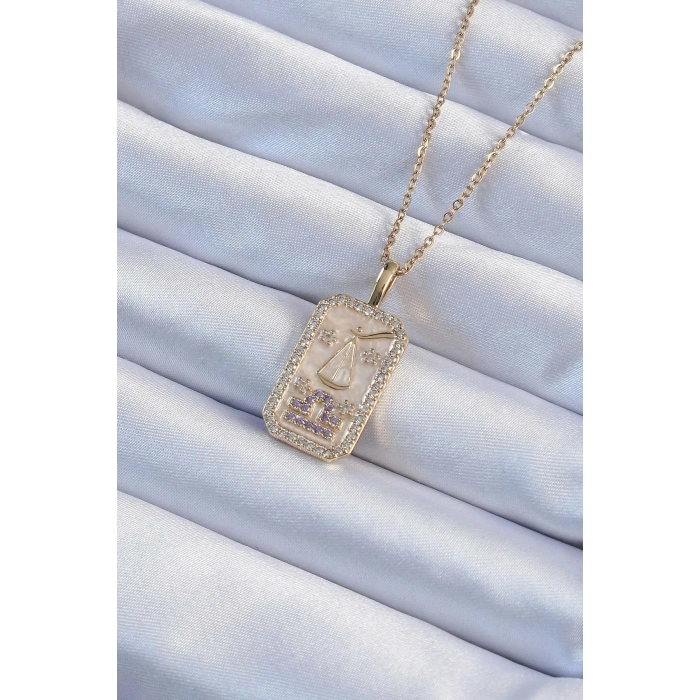 316L Çelik Zincir Altın Renk Lila Zirkon Taşlı Tarot Kolye