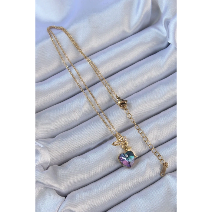 316L Çelik Zincir Altın Renk Mor Mavi Renk Zirkon Taşlı Kalp Detay Peri Kolye