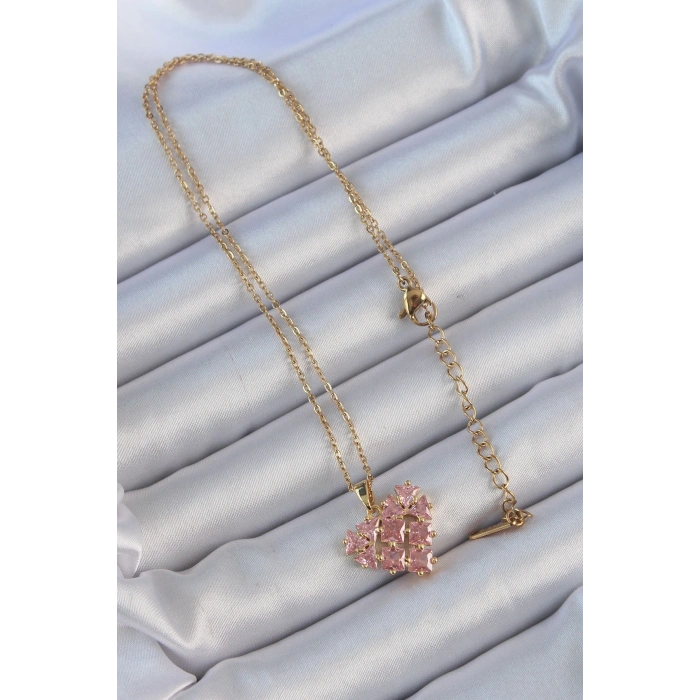 316L Çelik Zincir Altın Renk Pembe Parçalı Zirkon Taşlı Kalp Kolye