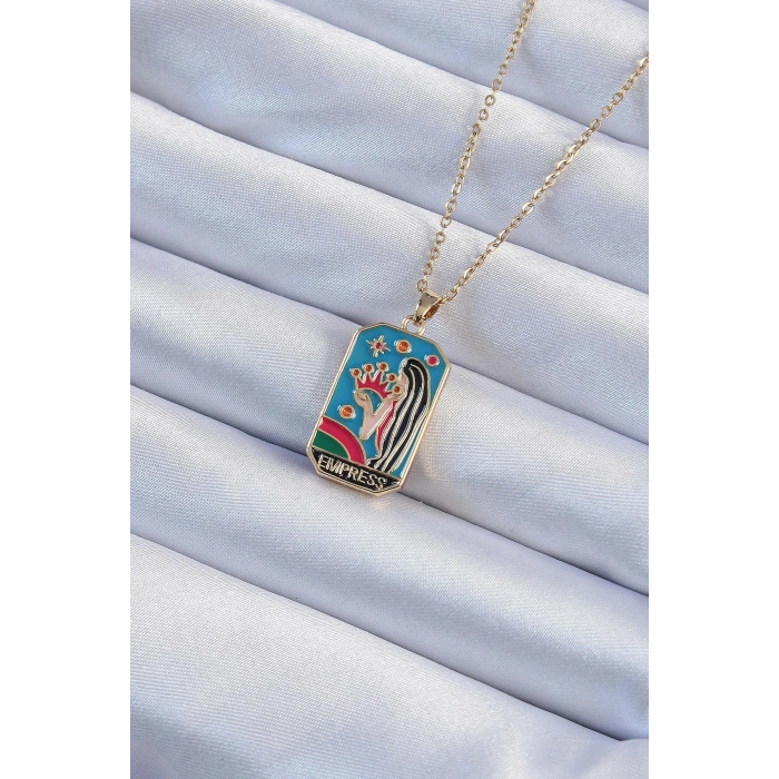 316L Çelik Zincir Altın Renk Taç ve Kız Figürlü Renkli Mineli Tarot Kolye