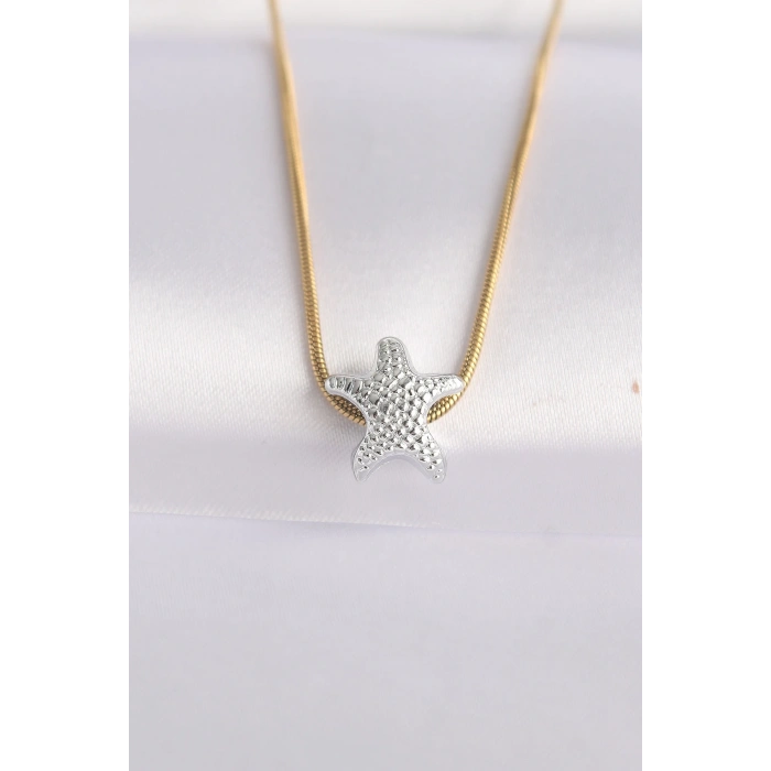 316L Çelik Zincir Altın Renk Zincirli Gümüş Renk Deniz Yıldızı Tasarımlı Kolye