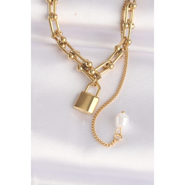 316L Çelik Zincir Altın Renk Zincirli Love Yazılı Kilit Kolye