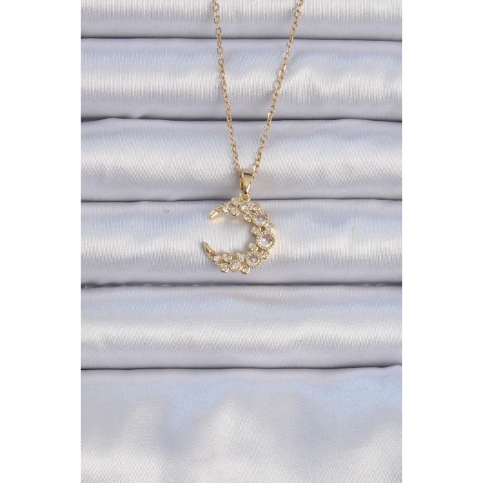 316L Çelik Zincir Altın Renk Zirkon Taşlı Ay Kolye