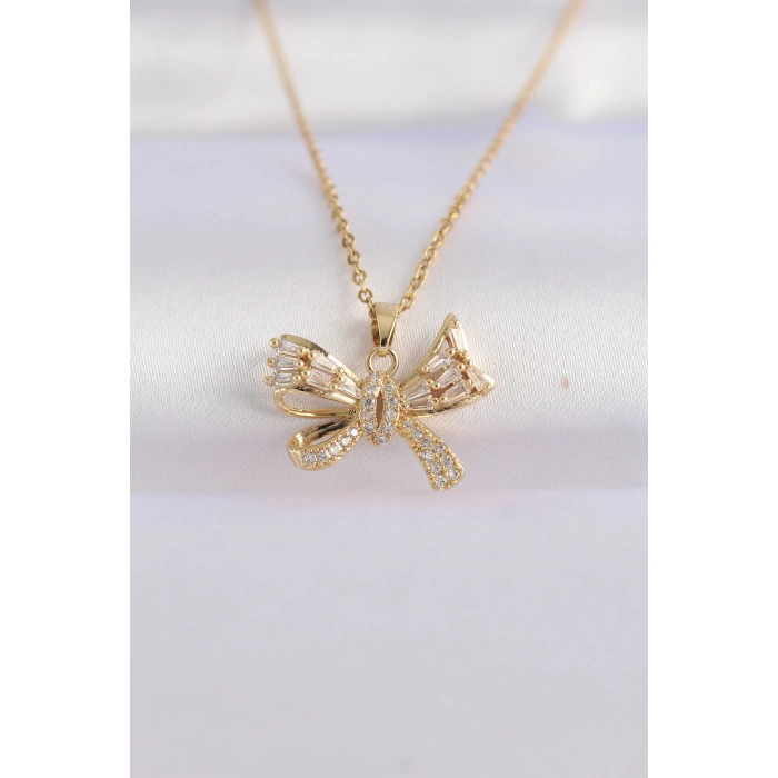 316L Çelik Zincir Altın Renk Zirkon Taşlı Fiyonk Kolye