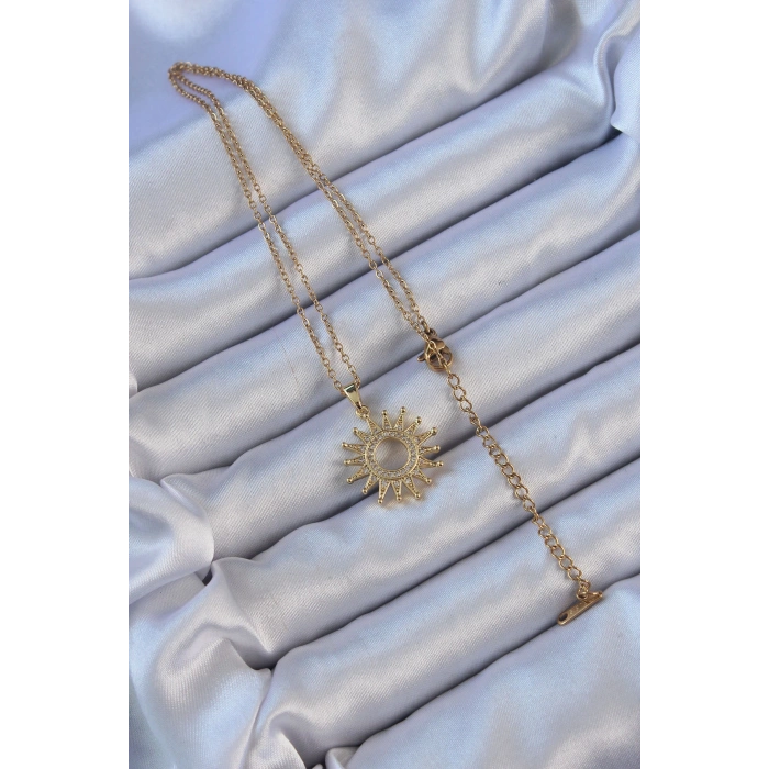 316L Çelik Zincir Altın Renk Zirkon Taşlı Parlayan Güneş Kolye