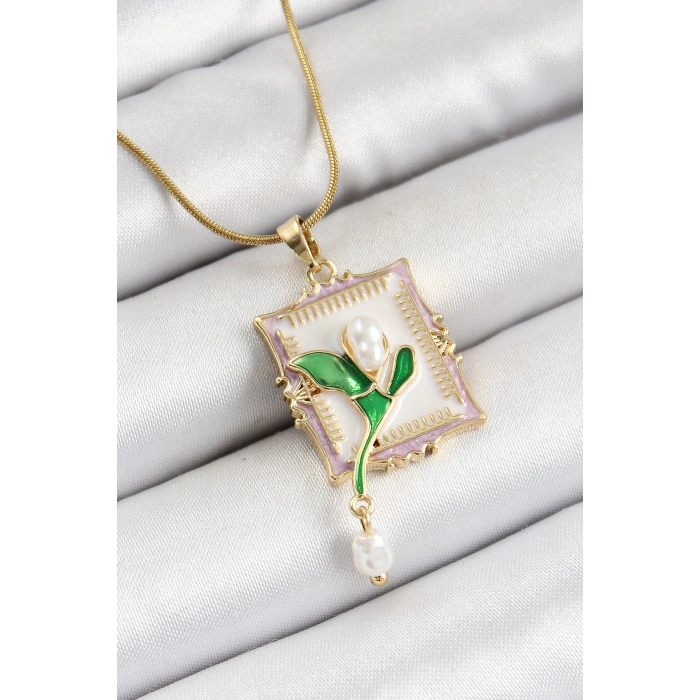 316L Çelik Zincir Beyaz Sanatsal Portre Sallantılı İnci Detaylı Lale Model Gold Renk Kadın Kolye