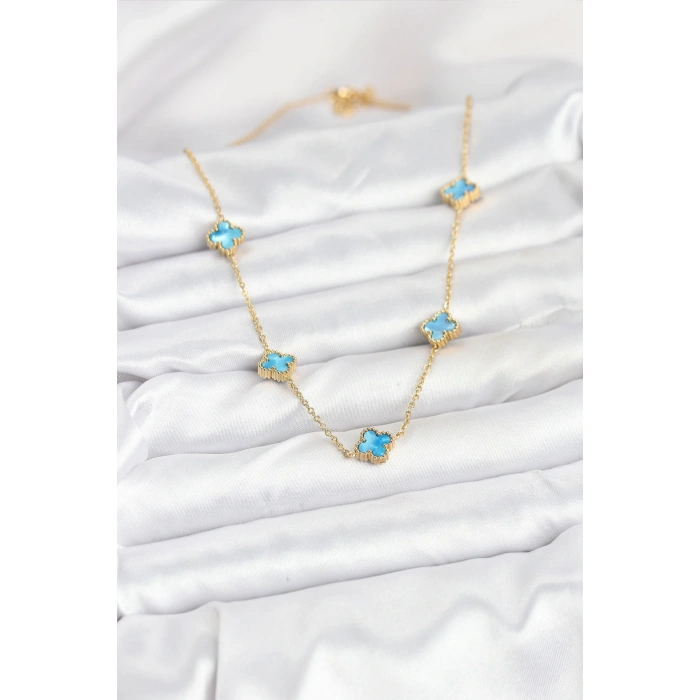 316L Çelik Zincir Gold Renk Buz Mavisi Baby Boy Yonca Kadın Kolye