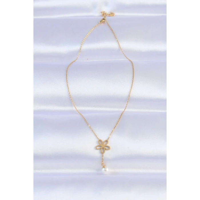 316L Çelik Zincir Gold Renk İnci Detay Çiçek Kolye