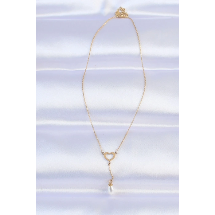 316L Çelik Zincir Gold Renk İnci Taş Detay Kalp Kolye