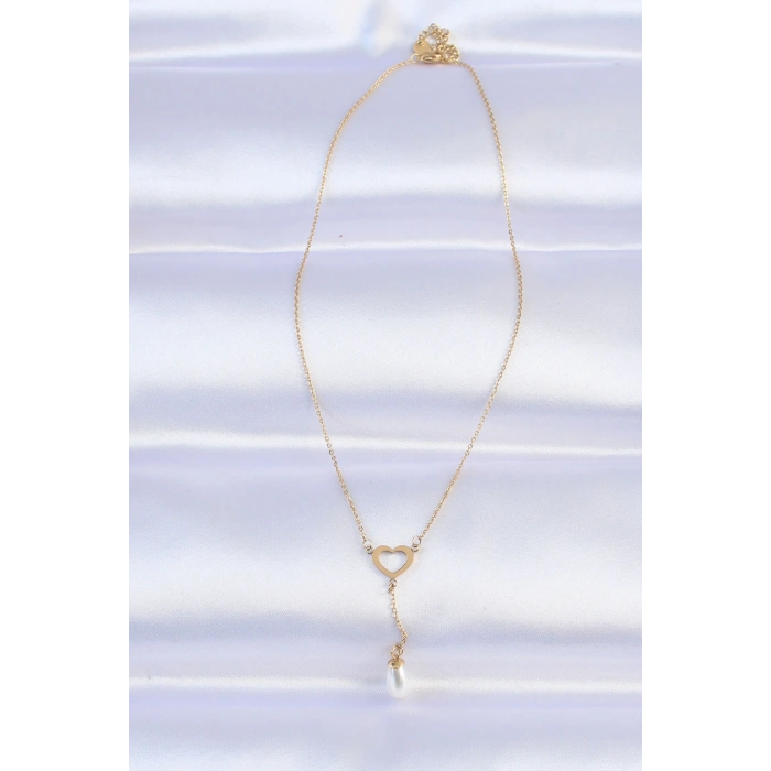 316L Çelik Zincir Gold Renk İnci Taş Detay Kalp Kolye