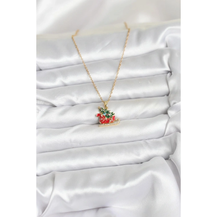 316L Çelik Zincir Gold Renk Kızak ve Çam Ağacı Figürlü Yılbaşı Temalı Kadın Kolye