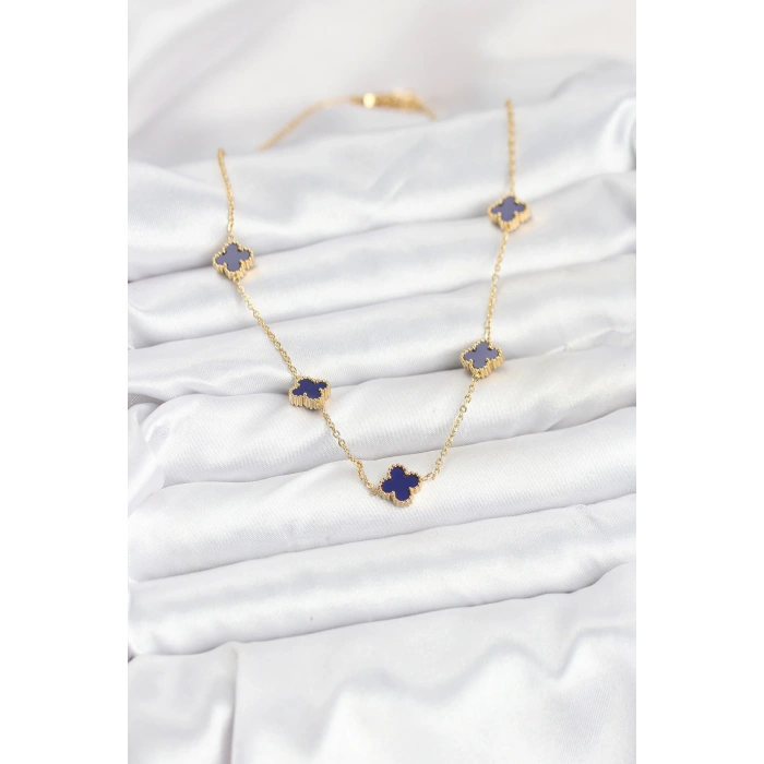 316L Çelik Zincir Gold Renk Lacivert Baby Boy Yonca Kadın Kolye