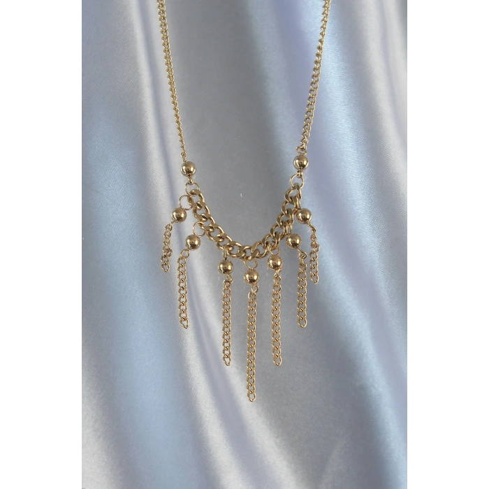 316L Çelik Zincir Gold Renk Topçuk Detay Sallantılı Zincir Kolye