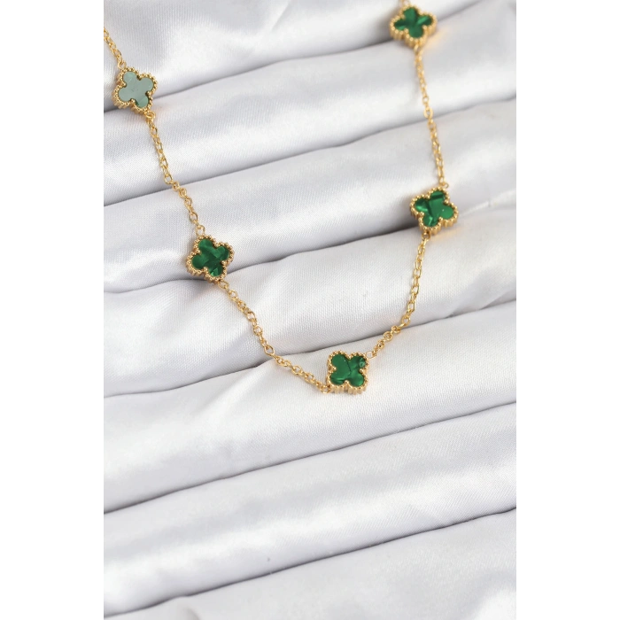 316L Çelik Zincir Gold Renk Yeşil Baby Boy Yonca Kadın Kolye